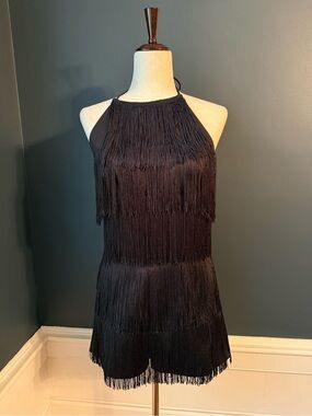 NWT Main Strip Black Fringe Halter Romper